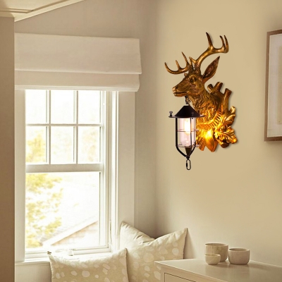 Clear Glass Lantern Wall Light with Gold Deer Backplate 1 Light Rustic Wall Sconce Light