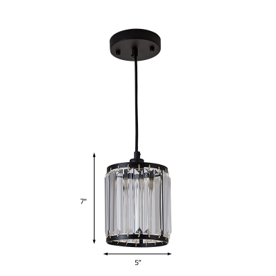 Clear K9 Crystal Cylinder Pendant Lamp 1 Bulb Modernism Hanging Ceiling Light in Black with Metal Chain