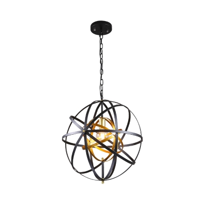 Country Style Spherical Pendant Light with Chain 1 Light Black and Gold Pendant Lamp