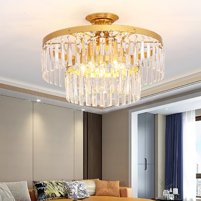 Double Drum Crystal Fringe Light Fixture Modern Metal Living Room Ceiling Fixture in Black/Gold