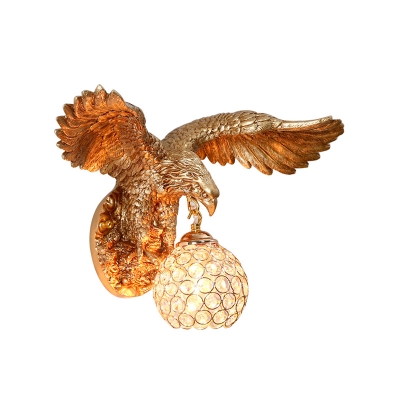 Eagle Wall Mount Light Modern Style Metal 1 Head Wall Light Fixture with Dome Crystal Shade in Gold for Foyer
