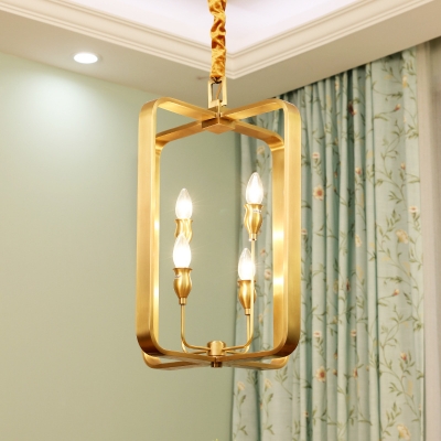 Gold Circle/Square Ceiling Pendant Light Metal 4 Lights Vintage Chandelier Lighting for Foyer