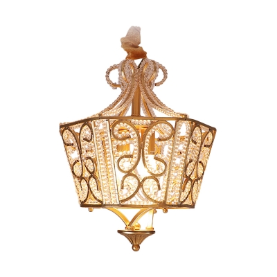 Gold Lantern Hanging Pendant Lamp 2 Lights Metal and Crystal Suspension Light for Bedroom