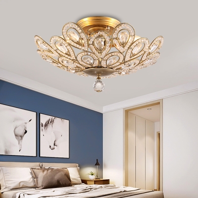 Gold Peacock Semi Flushmount Lamp 3 Lights Metal and Crystal Semi Flush Lighting for Bedroom