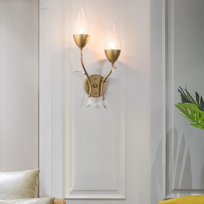 1/2 Lights Flower Wall Lighting with Crystal Bead Modern Metallic Sconce Light in Gold for Bedroom