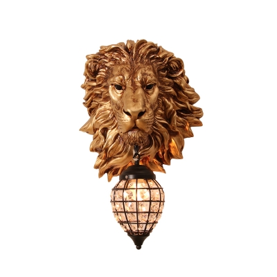Lion Resin Wall Lamp Country Style 1 Light Metal Lantern Wall Sconce with Crystal in Brown Finish for Hallway