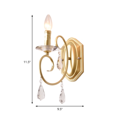 Modern Candle Wall Lamp with Teardrop Crystal 1 Light Metal Sconce Lamp in Gold for Corridor