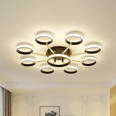 Multi Ring Flush Mount Light with Sputnik Design Modernism Metal 7/9 Lights Indoor Flush Lamp in Black