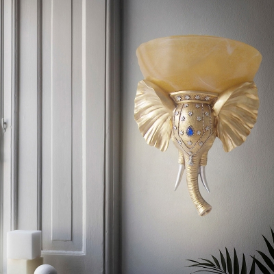 Opal Glass Bowl Wall Mount Light Loft Style Single Light Wall Lighting with Gold/White Resin Elephant
