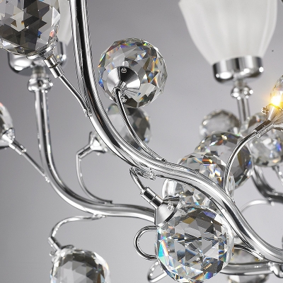 Opal Glass Inverted Chandelier Lighting with Crystal Ball 6 Lights Hanging Pendant Light in Polished Chrome