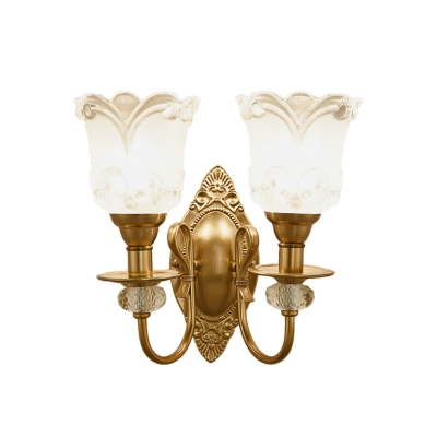 Petal Frosted Glass Wall Lamp Contemporary 1/2 Light Bathroom Sconce Lighting with Carved Backplate in Gold