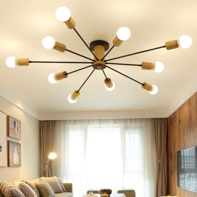 Radial Semi Flush Lighting Mid Century Modern 6/8/10 Light Metal Black/White Ceiling Light in Wood