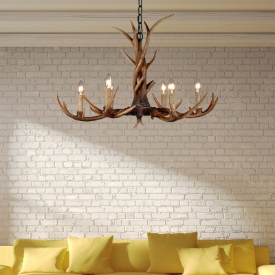 Resin Candle Chandelier Lamp with Antlers Accent Height Adjustable Vintage 6/8/10/12/15 Heads Chandelier in Brown