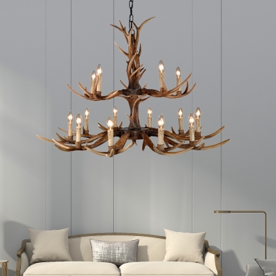 Resin Candle Chandelier Lamp with Antlers Accent Height Adjustable Vintage 6/8/10/12/15 Heads Chandelier in Brown