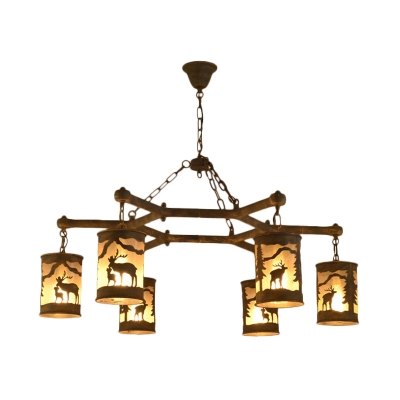 Rustic Cylinder Chandelier Lamp with Deer Pattern 3/6/9 Lights Metal Rust Pendant Lighting for Restaurant