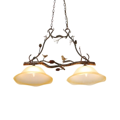 Rustic Scalloped Island Pendant Light with Pinecone Frosted Beige Glass 2 Heads Hanging Chandelier in Rust
