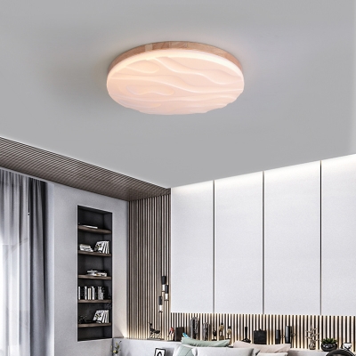 Solid Wood Circular Flushmount Modern Simple Led Flush Mount Ceiling Light in Warm/White with Textured Acrylic Shade, 15