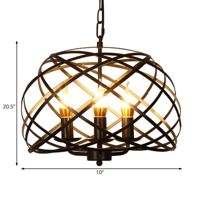 Triple Light Chandelier Lamp with Candle Metal Frame Industrial Hanging Pendant Light in Black