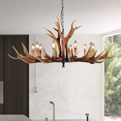 Village Candle Hanging Chandelier with Resin Antlers Height Adjustable 6/8/10 Heads Pendant Lighting Fixture in Brown