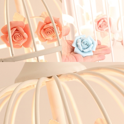 White Birdcage Foyer Pendant Light Rustic Triple Light Metal Chandelier Lamp with Blue/Pink Flower