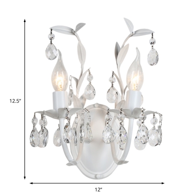 White Candle Wall Light with Teardrop Crystal and Leaf Decor 1/2 Lights Luxurious Metal Wall Sconce for Hotel