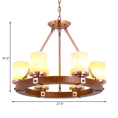 White Glass Cylinder Chandelier Light with Wooden Ring 4/6 Lights Industrial Pendant Light in Copper