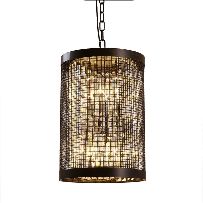 Wire Mesh Cylinder Pendant Lamp with Clear Crystal Block 3 Lights Industrial Black Suspension Light