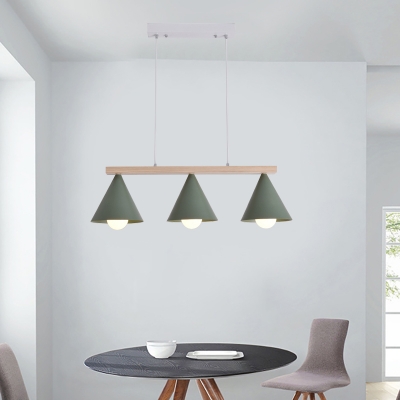 Wooden Linear Chandelier Light with Conical Metal Shade 3/5 Lights Nordic Green Hanging Lamp