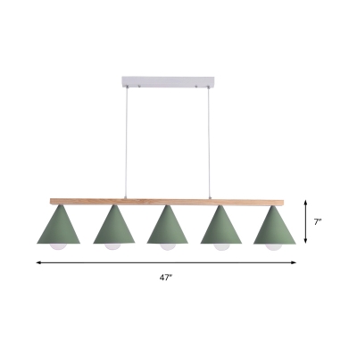 Wooden Linear Chandelier Light with Conical Metal Shade 3/5 Lights Nordic Green Hanging Lamp