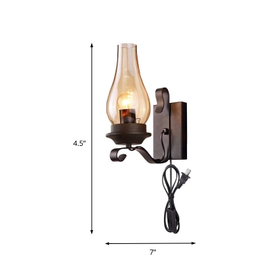 1 Light Candle Wall Sconce Light Cognac Glass Vintage Plug In Wall Lighting in Black for Corridor