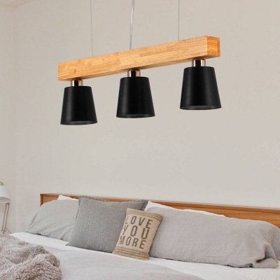 3/5 Lights Cone Pendant Lamp Nordic Style Metal Black/White Chandelier Light with Linear Wooden Beam