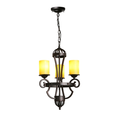 3 Lights Tube Chandelier with Yellow Glass Shade Country Style Hanging Ceiling Light in Black