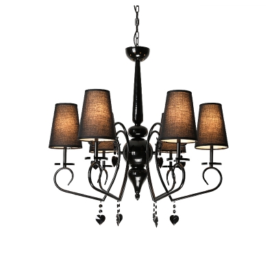 6/9 Lights Cone Hanging Ceiling Light with Crystal Heart Accents Traditional Fabric Chandelier in Black