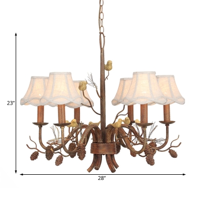 6 Lights Scalloped Chandelier with White Fabric Shade and Pinecone Rustic Pendant Lighting in Brown
