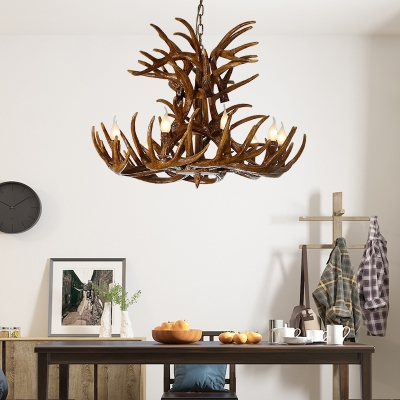 Antlers Pendant Light with Candle Vintage Resin 9 Bulbs Chandelier in Brown for Living Room