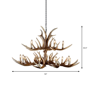 Bedroom Antlers Pendant Chandelier Countryside Resin 6/10/15-Bulb Hanging Ceiling Light with Metal Chain in Brown