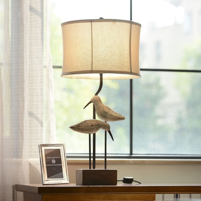 Beige Drum Table Lighting with Bird Pattern/No Pattern Loft Rustic Fabric Shade 1 Light Standing Lamp for Bedside