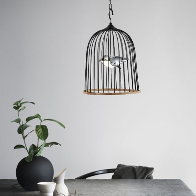 Black Birdcage Pendant Lighting 1 Light Rustic Metal Led Hanging Lamp in White Light with Black/Pink Bird