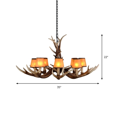 Brown Finish Cone Hanging Pendant Light with Antlers Design Lodge Fabric 6/8/10-Bulb Chandelier Light Fixture