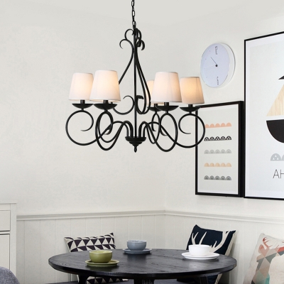Cone Hanging Ceiling Light with Coffee/Flaxen/White Fabric Shade 6 Lights Traditional Chandelier in Black