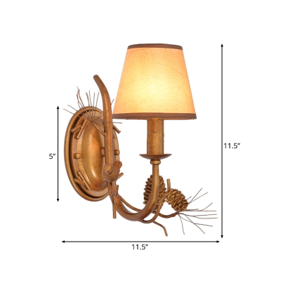 Cone Wall Lighting with Fabric Shade and Bird Accent Countryside 1 Light Wall Sconce in Bronze