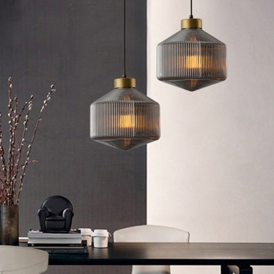 Drum Pendant Lighting Nordic Amber/Clear/Smoke Ribbed Glass 1 Light Suspension Lamp in Brass