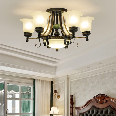 Flower Ceiling Lamp with Bowl Shade Frosted Glass 9/11/13 Lights Retro Semi Flush Lighting in Black