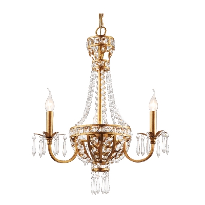 French Country Chandelier Lighting with Candle 3 Lights Crystal Hanging Ceiling Light in Gold for Bedroom