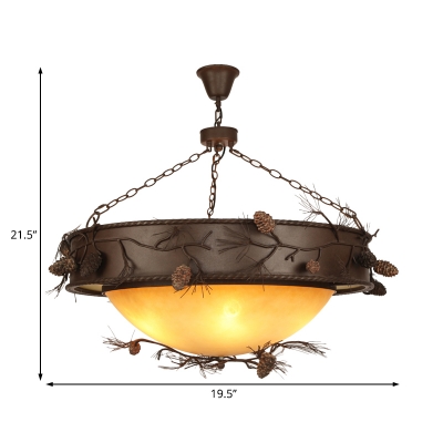 Frosted Glass Bowl Hanging Light with Pinecone Accents Country Style 4 Lights Chandelier in Rufous