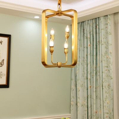 Gold Circle/Square Ceiling Pendant Light Metal 4 Lights Vintage Chandelier Lighting for Foyer
