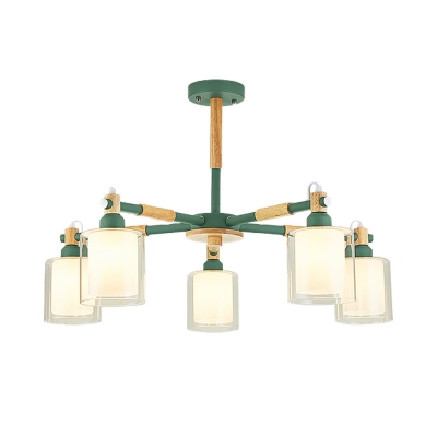 Green/Pink/Yellow Cylinder Chandelier Lighting with Inner Milk Glass Shade Macaron 3/5/6/8 Bulbs Ceiling Pendant Light