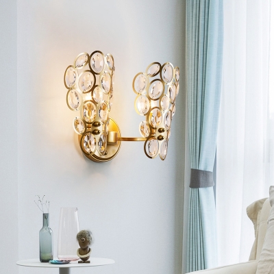 Metal Candle Sconce Light with Crystal Decor 2 Lights Modern Style Sconce Wall Light in Gold for Bedroom