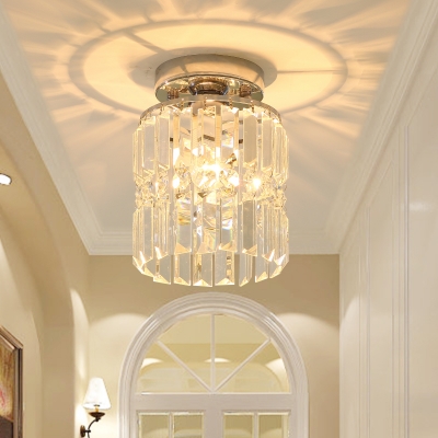 Mini Cylinder Flush Lighting Modernism Clear Crystal Shade Single Light Indoor Ceiling Lamp in Chrome for Corridor