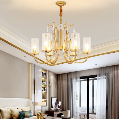 Modernism Cylinder Pendant Light with Crystal Accents 4/6/8 Lights Clear Glass Chandelier Lamp in Gold